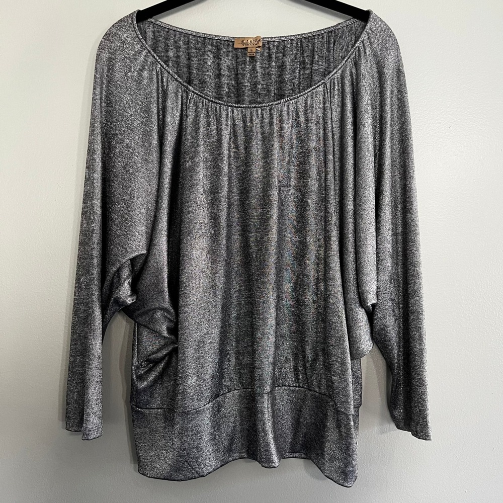Peck & Peck Weekend Silver Metallic Dolman Sleeve Banded Hem Top Large batwing